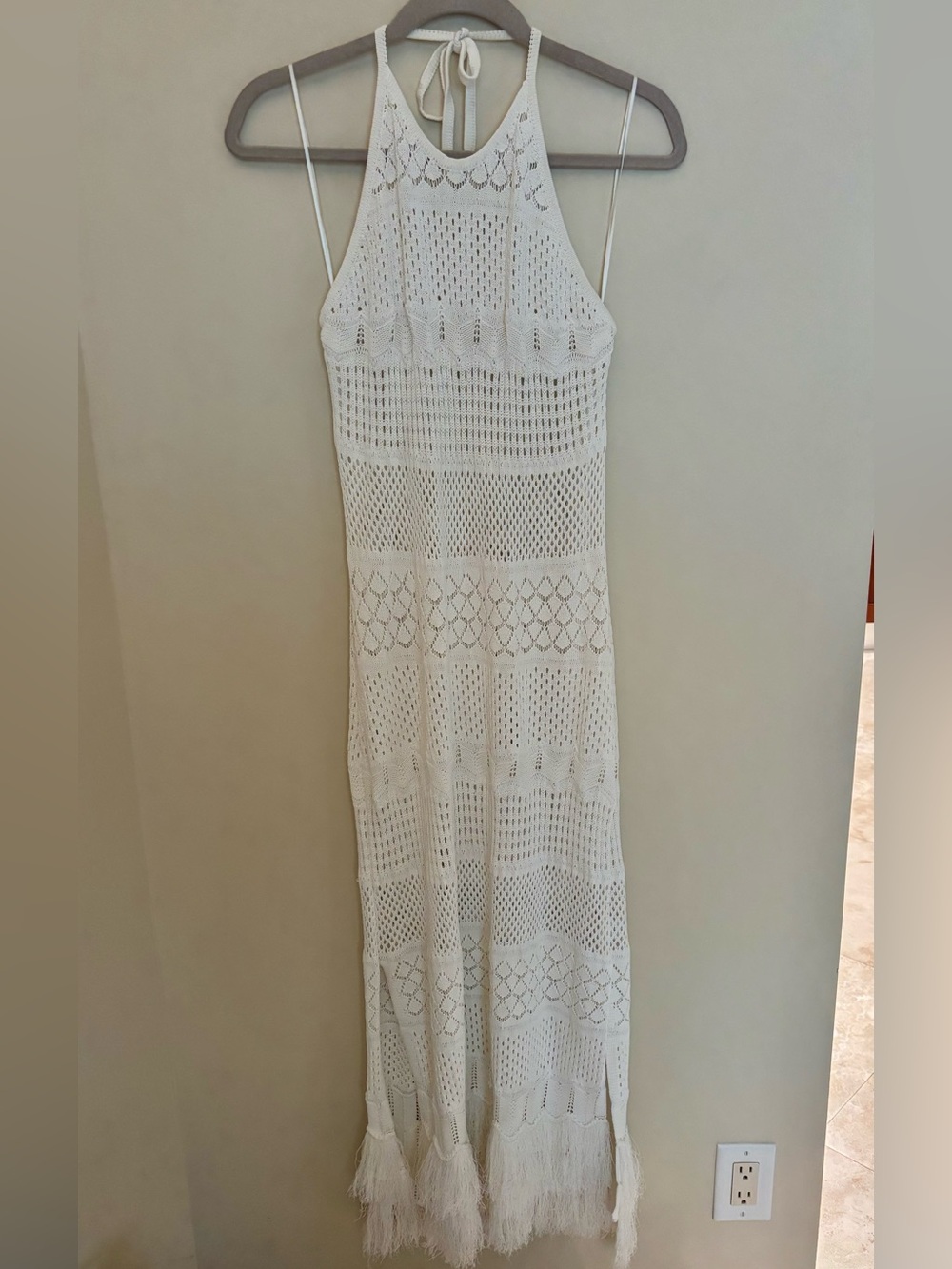 Milly Cabana White Crochet Lace Halter Backless Maxi Fringe Dress swim coverup